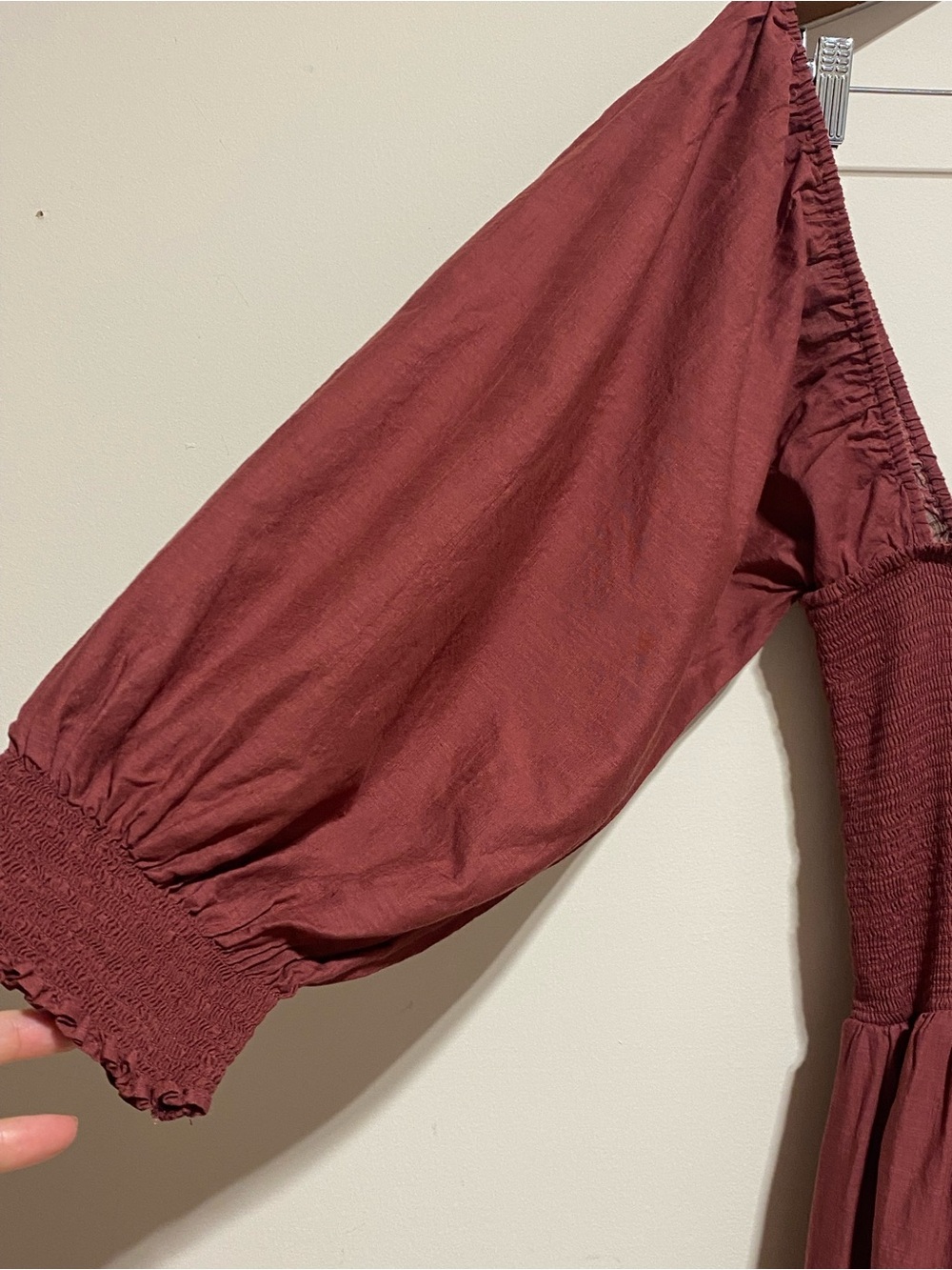 Free People “The Perfect Storm” Midi Dress Eyelet Smocked Cotton Burgundy Size L - Picture 5 of 11